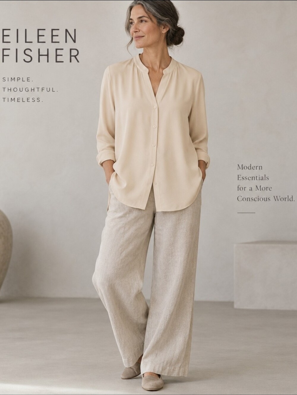 Eileen Fisher Washable Silk Banded Collar V Neck Button Down In Bone Sz Medium